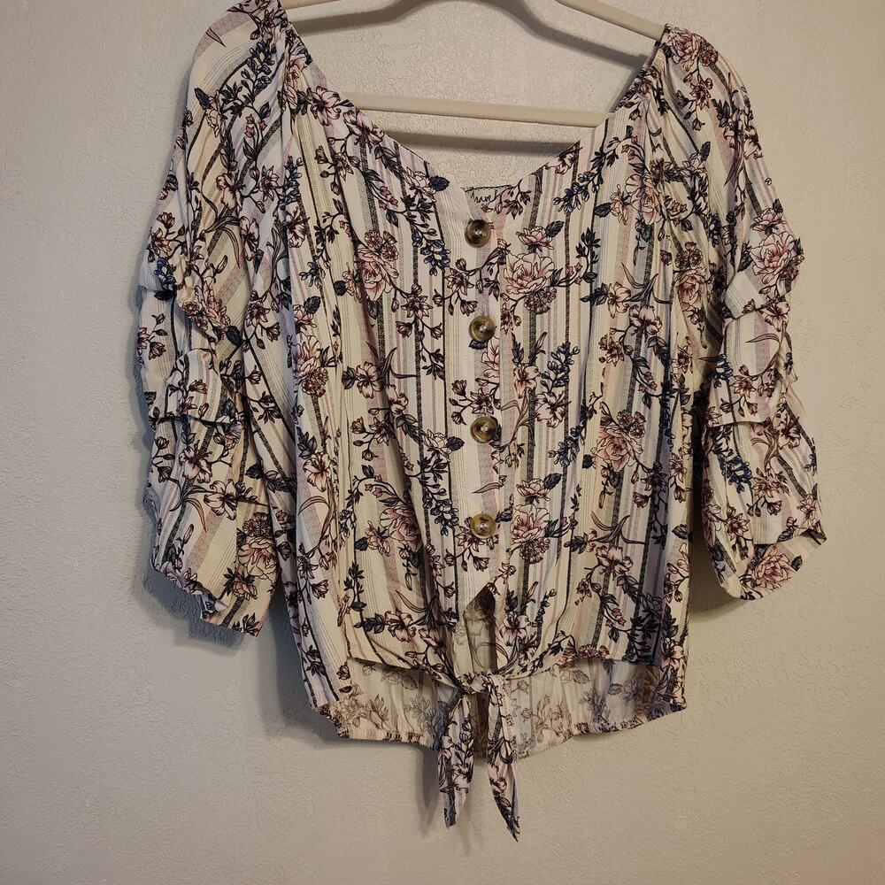Crave Fame Floral Stripe Tie Front Blouse Women M Boho Peasant Top